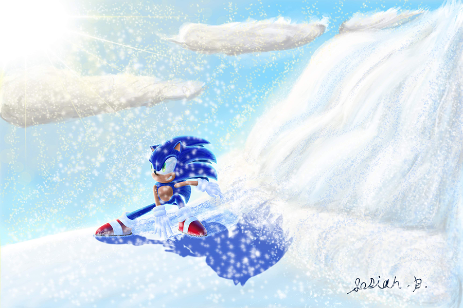 Sonic Sliding down a snow covered mountain
